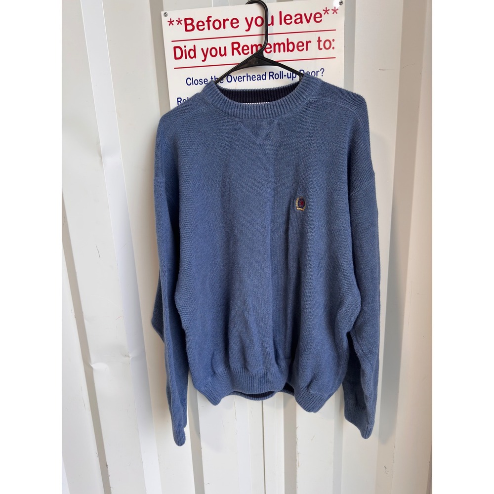 Tommy Hilfiger Vintage Mens Crewneck Sweater Blue Knit Embroidered Crest Logo